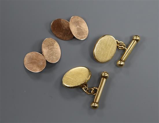A pair of 18k gold oval and baton cufflinks and a pair of 9ct rose gold oval cufflinks